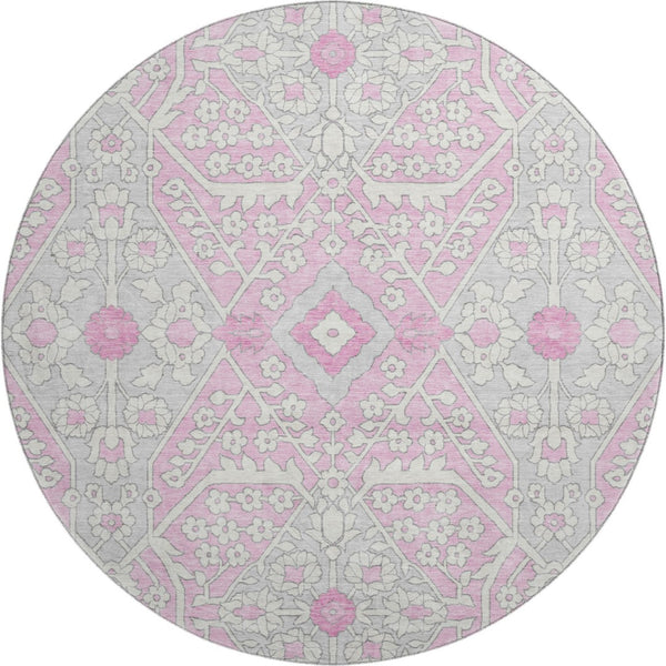 HomeRoots 8' Elegant Floral Washable Round Rug in Pink, Ivory & Gray with UV Protection for High-Traffic Areas 668564
