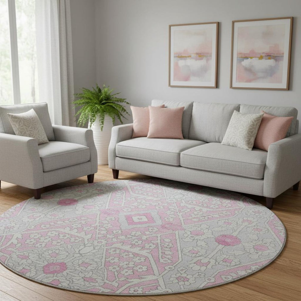 HomeRoots 8' Elegant Floral Washable Round Rug in Pink, Ivory & Gray with UV Protection for High-Traffic Areas 668564