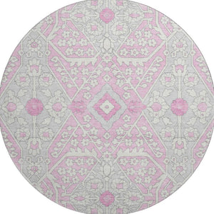 HomeRoots 8' Elegant Floral Washable Round Rug in Pink, Ivory & Gray with UV Protection for High-Traffic Areas 668564