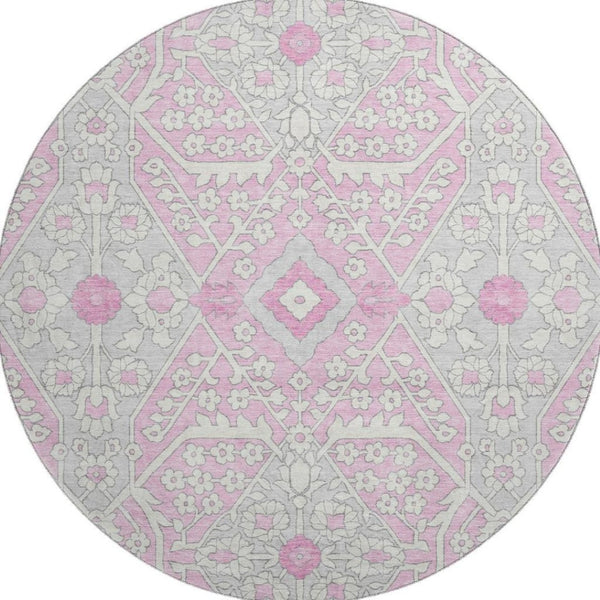 HomeRoots 8' Elegant Floral Washable Round Rug in Pink, Ivory & Gray with UV Protection for High-Traffic Areas 668564