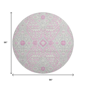 HomeRoots 8' Elegant Floral Washable Round Rug in Pink, Ivory & Gray with UV Protection for High-Traffic Areas 668564
