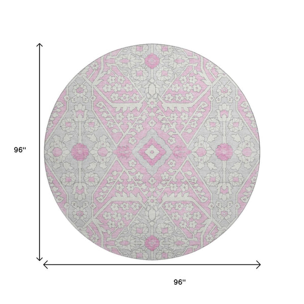 HomeRoots 8' Elegant Floral Washable Round Rug in Pink, Ivory & Gray with UV Protection for High-Traffic Areas 668564