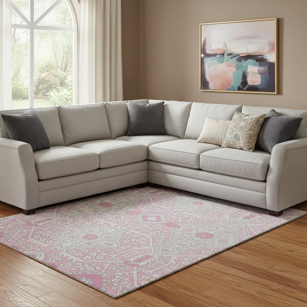 HomeRoots 8' X 10' Elegant Pink Ivory Gray Floral Washable Area Rug with UV Protection for Home Décor 668565