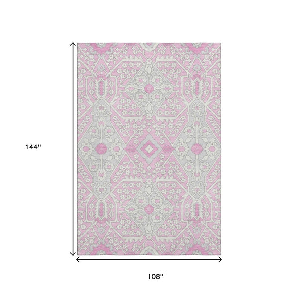 HomeRoots 9' X 12' Washable Pink Ivory Gray Floral Area Rug - Durable, Stain Resistant & UV Protected Design 668566