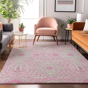 HomeRoots 9' X 12' Washable Pink Ivory Gray Floral Area Rug - Durable, Stain Resistant & UV Protected Design 668566