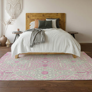 HomeRoots 9' X 12' Washable Pink Ivory Gray Floral Area Rug - Durable, Stain Resistant & UV Protected Design 668566