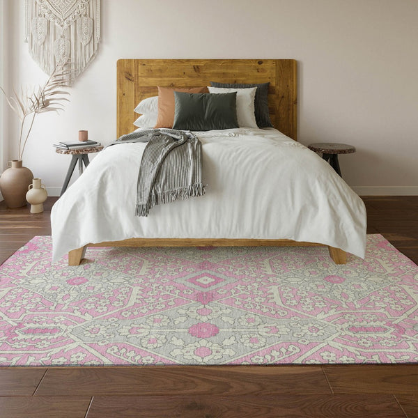 HomeRoots 9' X 12' Washable Pink Ivory Gray Floral Area Rug - Durable, Stain Resistant & UV Protected Design 668566