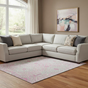 HomeRoots 10' X 14' Pink Ivory Gray Floral Washable Area Rug – Stain Resistant, UV Protected, Durable Elegance 668567