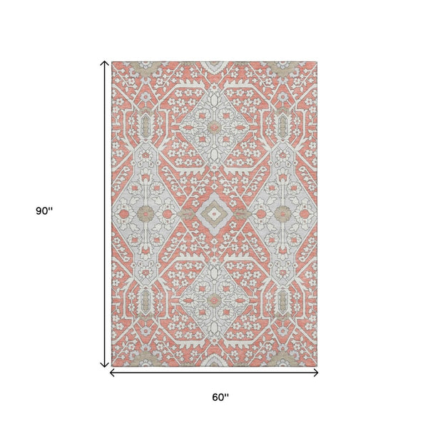 HomeRoots 5' X 8' Salmon Gray Floral Area Rug – Washable, UV-Protected, Stain-Resistant, Perfect for Any Space! 668569