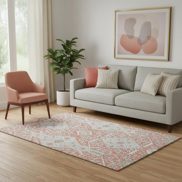 HomeRoots 5' X 8' Salmon Gray Floral Area Rug – Washable, UV-Protected, Stain-Resistant, Perfect for Any Space! 668569