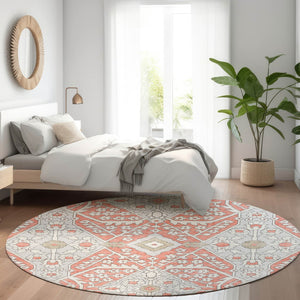HomeRoots 8' Salmon Gray Washable Round Area Rug with Ivory Floral Design, UV Protection & Stain Resistance 668570