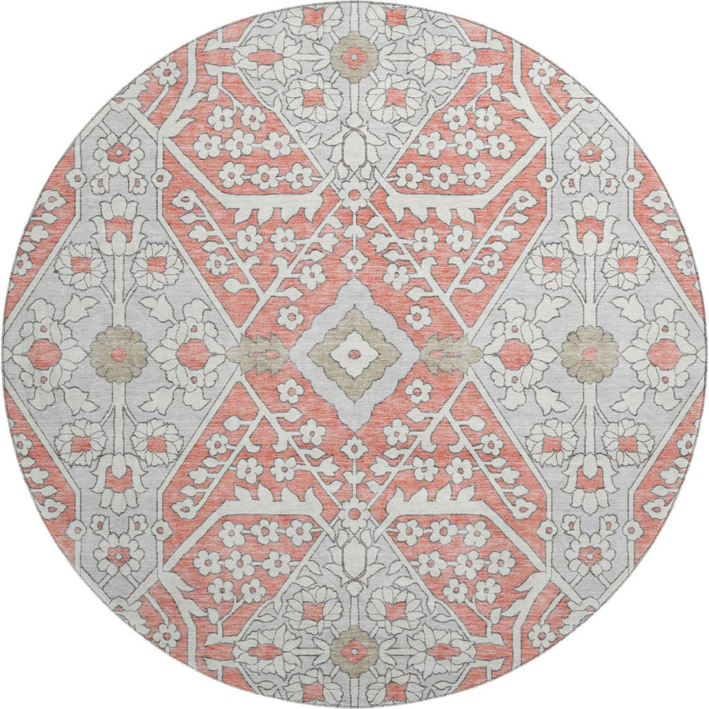 HomeRoots 8' Salmon Gray Washable Round Area Rug with Ivory Floral Design, UV Protection & Stain Resistance 668570
