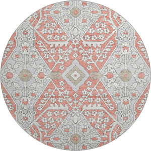 HomeRoots 8' Salmon Gray Washable Round Area Rug with Ivory Floral Design, UV Protection & Stain Resistance 668570