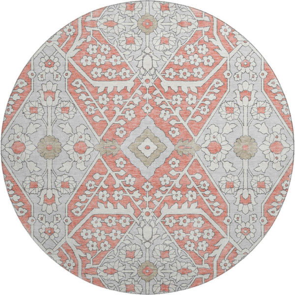 HomeRoots 8' Salmon Gray Washable Round Area Rug with Ivory Floral Design, UV Protection & Stain Resistance 668570