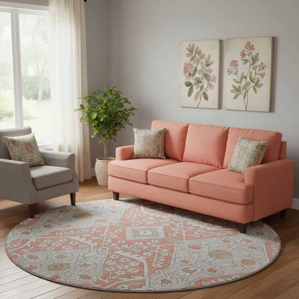 HomeRoots 8' Salmon Gray Washable Round Area Rug with Ivory Floral Design, UV Protection & Stain Resistance 668570