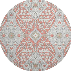 HomeRoots 8' Salmon Gray Washable Round Area Rug with Ivory Floral Design, UV Protection & Stain Resistance 668570