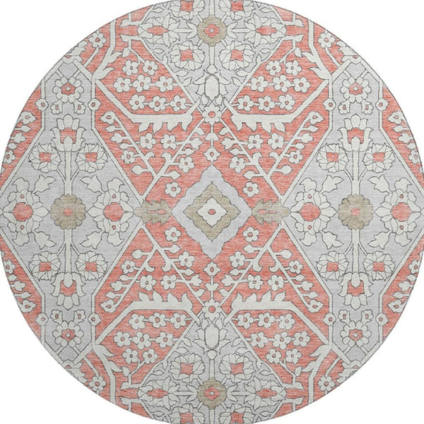 HomeRoots 8' Salmon Gray Washable Round Area Rug with Ivory Floral Design, UV Protection & Stain Resistance 668570