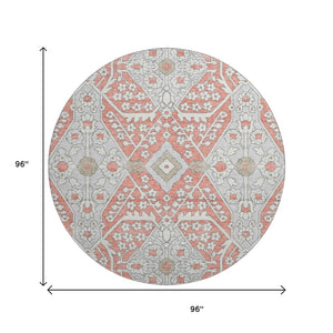 HomeRoots 8' Salmon Gray Washable Round Area Rug with Ivory Floral Design, UV Protection & Stain Resistance 668570