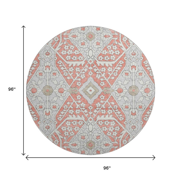 HomeRoots 8' Salmon Gray Washable Round Area Rug with Ivory Floral Design, UV Protection & Stain Resistance 668570