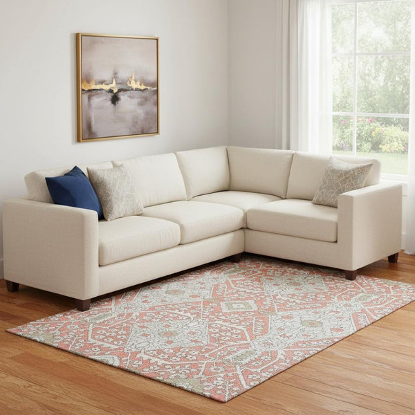 HomeRoots 8' X 10' Elegant Salmon Gray & Ivory Floral Area Rug - Washable, UV Protected, Stain Resistant! 668571