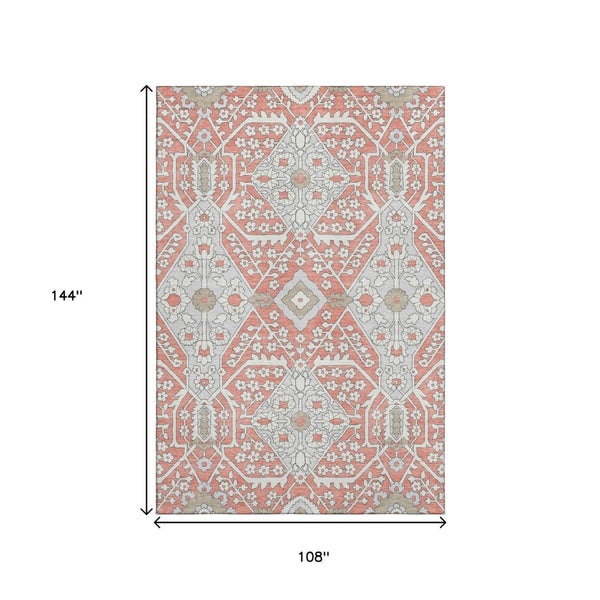 HomeRoots 9' X 12' Salmon Gray & Ivory Floral Washable Area Rug - Durable, UV Protected & Stain Resistant Design 668572