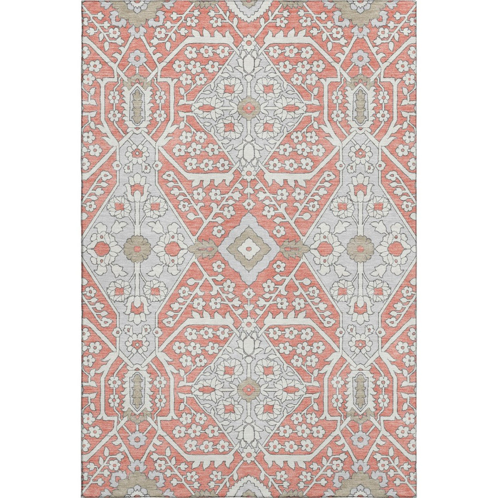 HomeRoots 9' X 12' Salmon Gray & Ivory Floral Washable Area Rug - Durable, UV Protected & Stain Resistant Design 668572