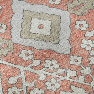 HomeRoots 9' X 12' Salmon Gray & Ivory Floral Washable Area Rug - Durable, UV Protected & Stain Resistant Design 668572