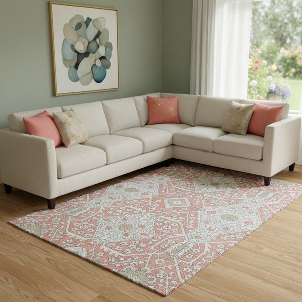 HomeRoots 9' X 12' Salmon Gray & Ivory Floral Washable Area Rug - Durable, UV Protected & Stain Resistant Design 668572