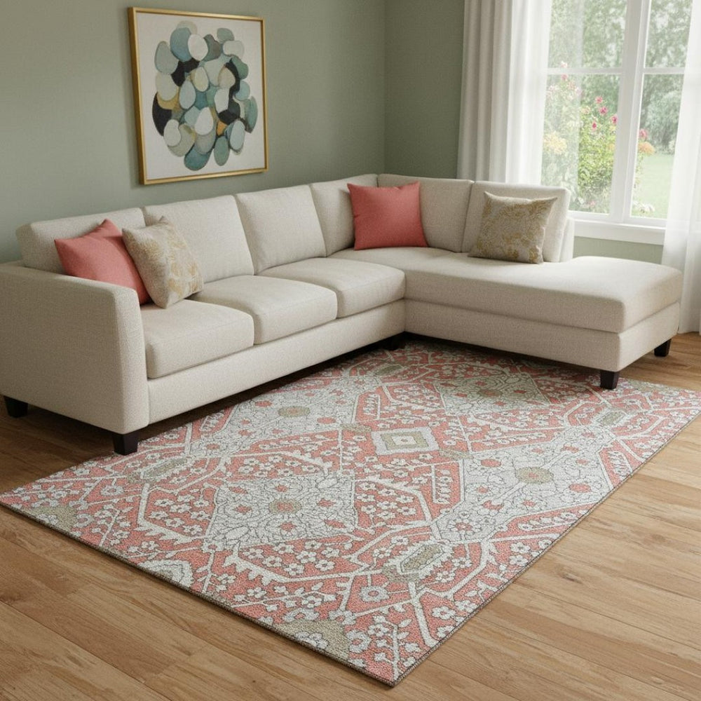 HomeRoots 10' Salmon Gray and Ivory Floral Area Rug - Washable, UV Protected, Stain Resistant for Family Homes 668573