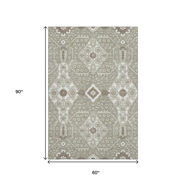 HomeRoots 5' X 8' Elegant Taupe Beige & Ivory Floral Area Rug – Washable, UV Protected for Family Homes 668575