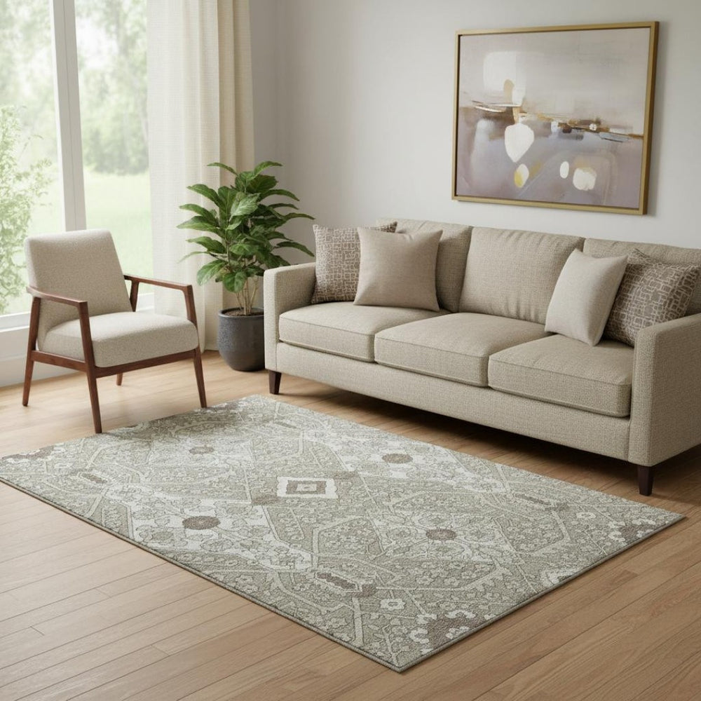 HomeRoots 5' X 8' Elegant Taupe Beige & Ivory Floral Area Rug – Washable, UV Protected for Family Homes 668575
