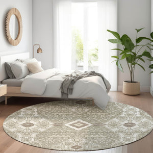 HomeRoots 8' Floral Washable Round Rug in Taupe, Beige & Ivory - UV Protection, Stain Resistant, Easy Care 668576