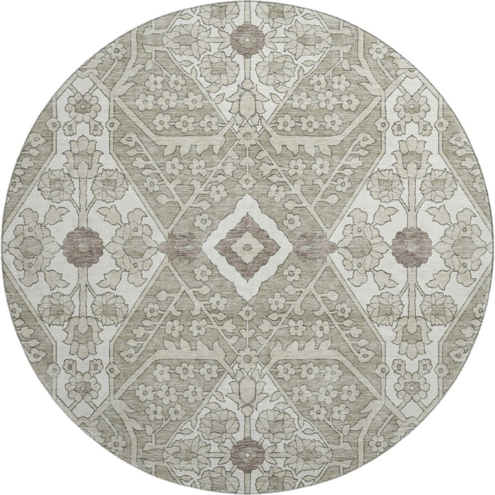 HomeRoots 8' Floral Washable Round Rug in Taupe, Beige & Ivory - UV Protection, Stain Resistant, Easy Care 668576
