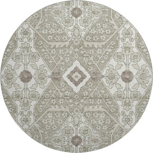 HomeRoots 8' Floral Washable Round Rug in Taupe, Beige & Ivory - UV Protection, Stain Resistant, Easy Care 668576