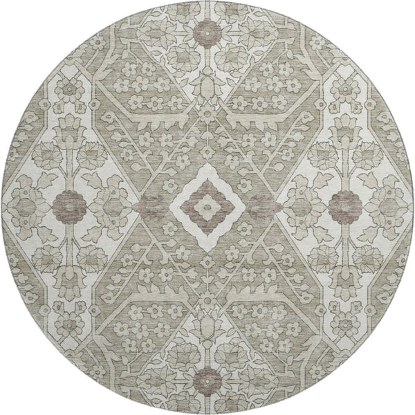 HomeRoots 8' Floral Washable Round Rug in Taupe, Beige & Ivory - UV Protection, Stain Resistant, Easy Care 668576