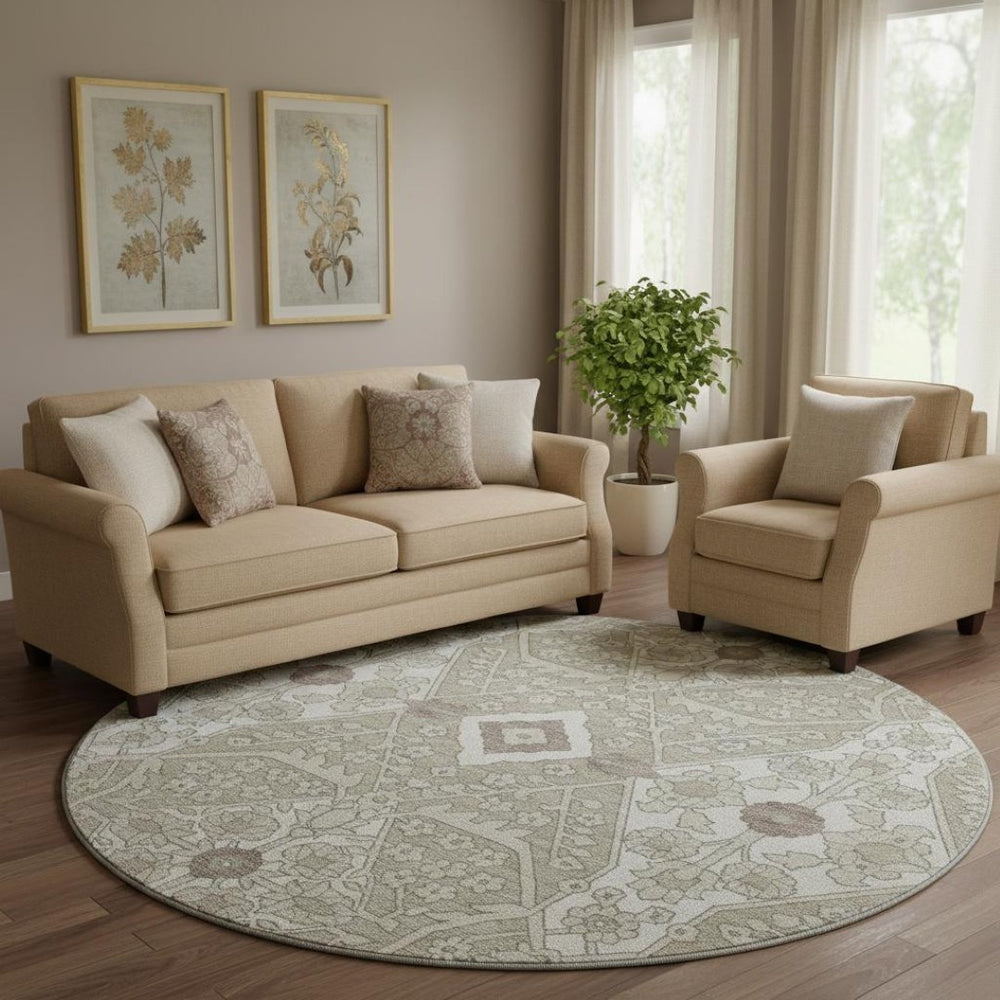 HomeRoots 8' Floral Washable Round Rug in Taupe, Beige & Ivory - UV Protection, Stain Resistant, Easy Care 668576