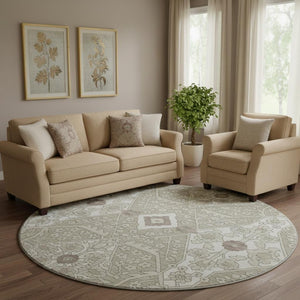 HomeRoots 8' Floral Washable Round Rug in Taupe, Beige & Ivory - UV Protection, Stain Resistant, Easy Care 668576
