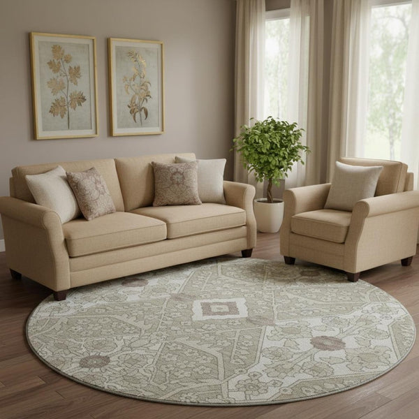 HomeRoots 8' Floral Washable Round Rug in Taupe, Beige & Ivory - UV Protection, Stain Resistant, Easy Care 668576