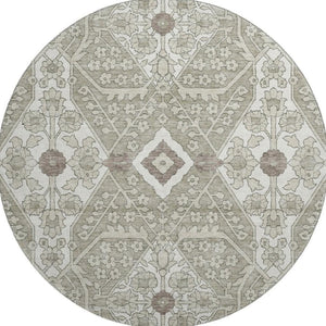 HomeRoots 8' Floral Washable Round Rug in Taupe, Beige & Ivory - UV Protection, Stain Resistant, Easy Care 668576