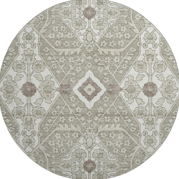 HomeRoots 8' Floral Washable Round Rug in Taupe, Beige & Ivory - UV Protection, Stain Resistant, Easy Care 668576