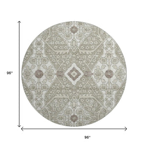 HomeRoots 8' Floral Washable Round Rug in Taupe, Beige & Ivory - UV Protection, Stain Resistant, Easy Care 668576