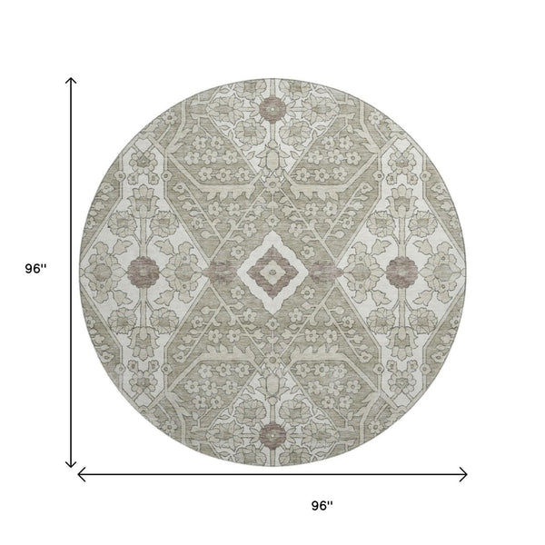 HomeRoots 8' Floral Washable Round Rug in Taupe, Beige & Ivory - UV Protection, Stain Resistant, Easy Care 668576