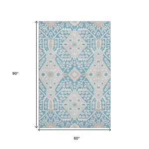 HomeRoots 5' X 8' Stylish Teal Gray Ivory Floral Area Rug - Washable, UV Protected, Pet & Kid Friendly! 668581