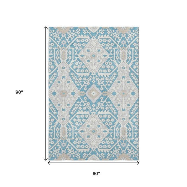 HomeRoots 5' X 8' Stylish Teal Gray Ivory Floral Area Rug - Washable, UV Protected, Pet & Kid Friendly! 668581