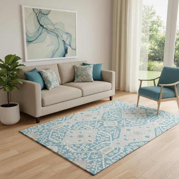 HomeRoots 5' X 8' Stylish Teal Gray Ivory Floral Area Rug - Washable, UV Protected, Pet & Kid Friendly! 668581