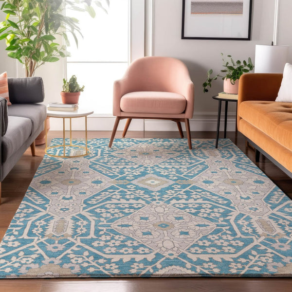 HomeRoots 5' X 8' Stylish Teal Gray Ivory Floral Area Rug - Washable, UV Protected, Pet & Kid Friendly! 668581