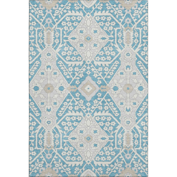 HomeRoots 5' X 8' Stylish Teal Gray Ivory Floral Area Rug - Washable, UV Protected, Pet & Kid Friendly! 668581