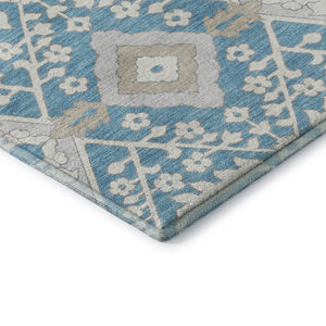 HomeRoots 5' X 8' Stylish Teal Gray Ivory Floral Area Rug - Washable, UV Protected, Pet & Kid Friendly! 668581
