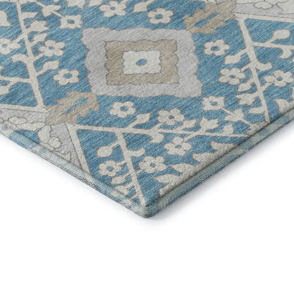 HomeRoots 5' X 8' Stylish Teal Gray Ivory Floral Area Rug - Washable, UV Protected, Pet & Kid Friendly! 668581