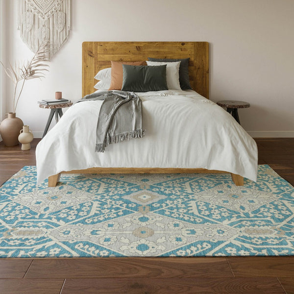 HomeRoots 5' X 8' Stylish Teal Gray Ivory Floral Area Rug - Washable, UV Protected, Pet & Kid Friendly! 668581